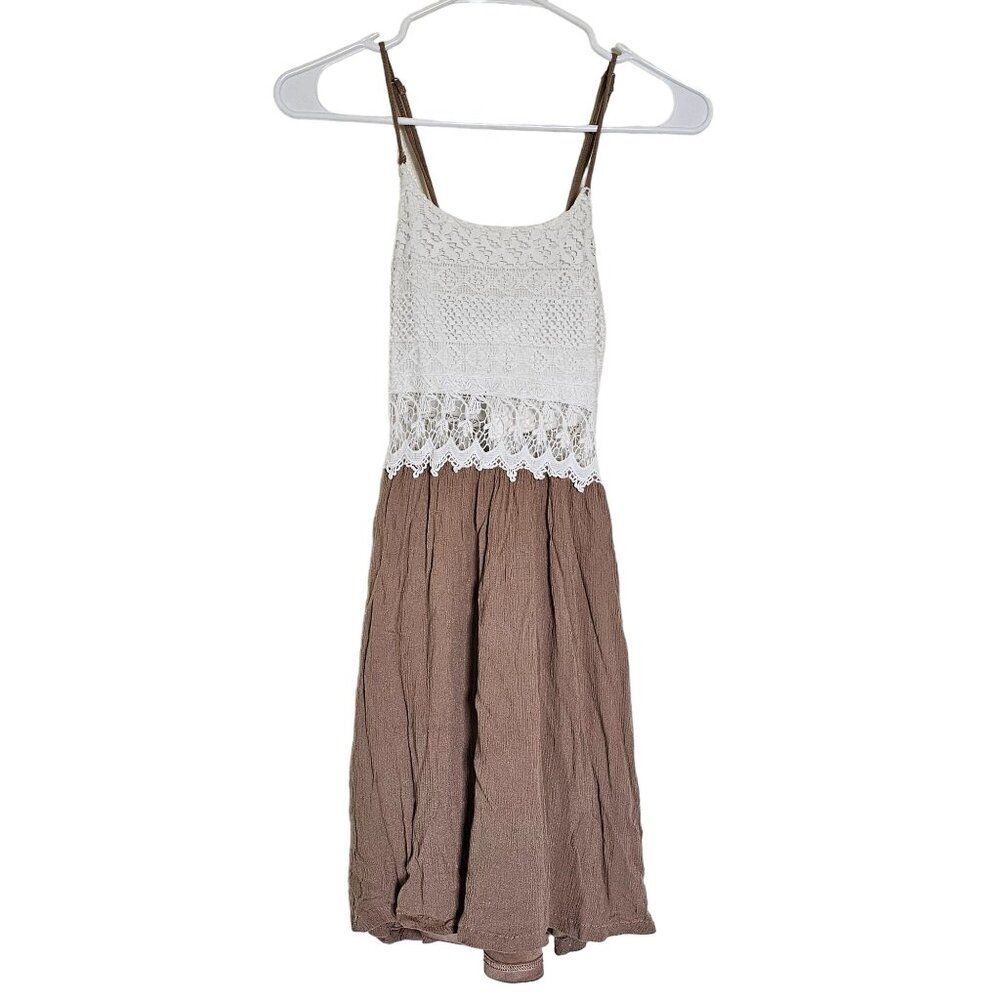Papaya Spaghetti Strap Mini Dress with Lace Detail Brown and White Size S Boho